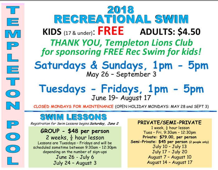 Templeton summer pool schedule