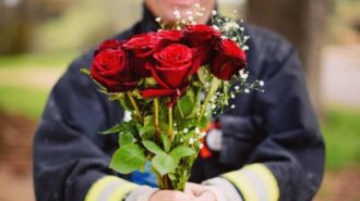Firefighters selling Valentine’s flowers